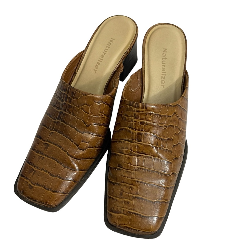 VTG Naturalizer Brown Alligator Leather Square Toe Slip On Mule Pumps Size 7N